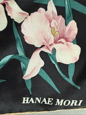 Hanae Mori Black Floral Silk Scarf - Pink & White Blooms 30 x 30